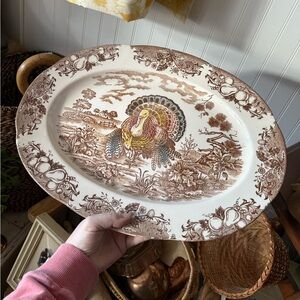 Vintage Turkey Platter with Brown Floral Design